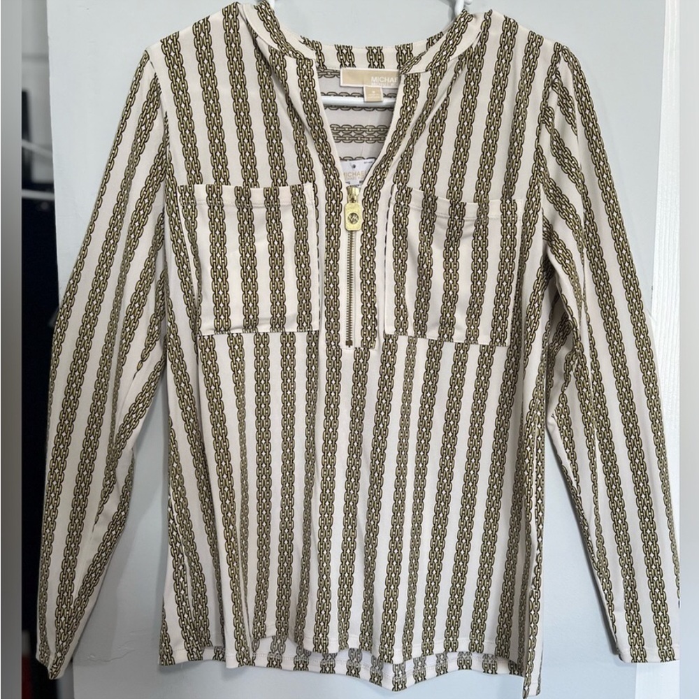 MICHAEL Michael Kors Cream and Olive Green Striped Long-Sleeve Blouse